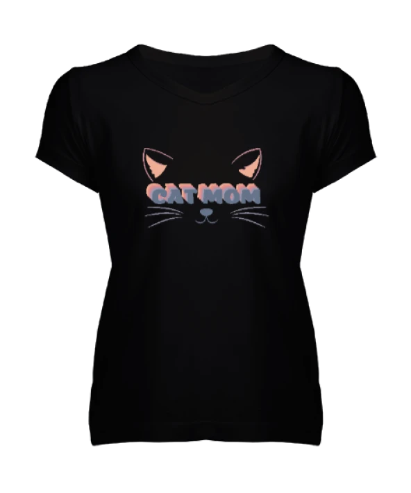 Cat Mom Kadın V Yaka Tişört