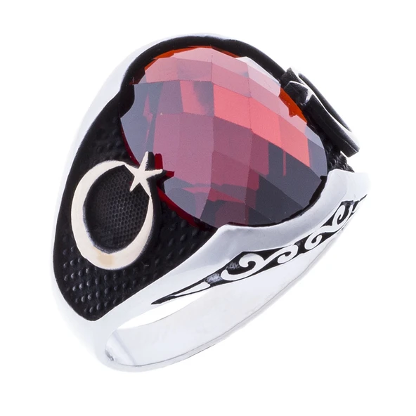 925 Ayar Gümüş Kırmızı Zirkon Taşlı Ay Yıldız Detaylı Yüzük ürün görseli 1