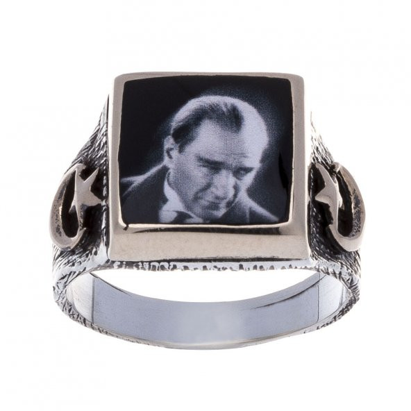 925 Ayar Gümüş Atatürk Resimli Ay-Yıldız Detaylı Yüzük - 2
