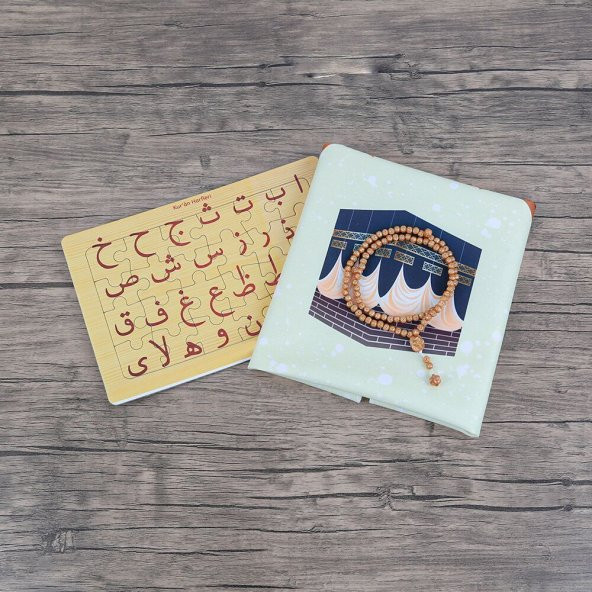 Çocuk Seccadesi Kabe Turuncu & Kokulu Gül İşlemeli Tesbih Gold & Kuran Harfleri Puzzle - 4