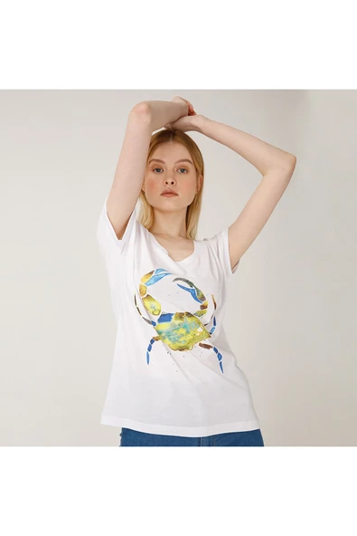 Anemoss Yeşil Yengeç Beyaz Kadın T-Shirt - Resim 12