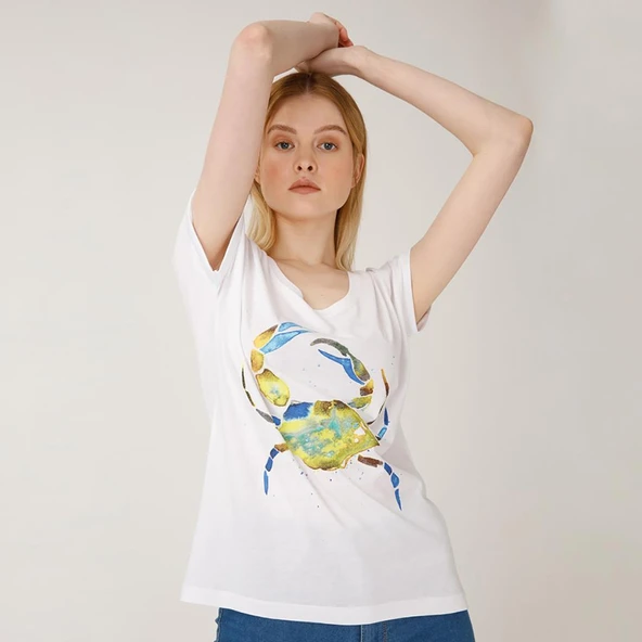 Anemoss Yeşil Yengeç Beyaz Kadın T-Shirt - 5