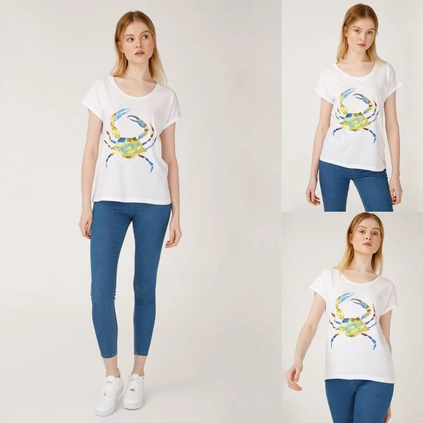 Anemoss Yeşil Yengeç Beyaz Kadın T-Shirt - 7