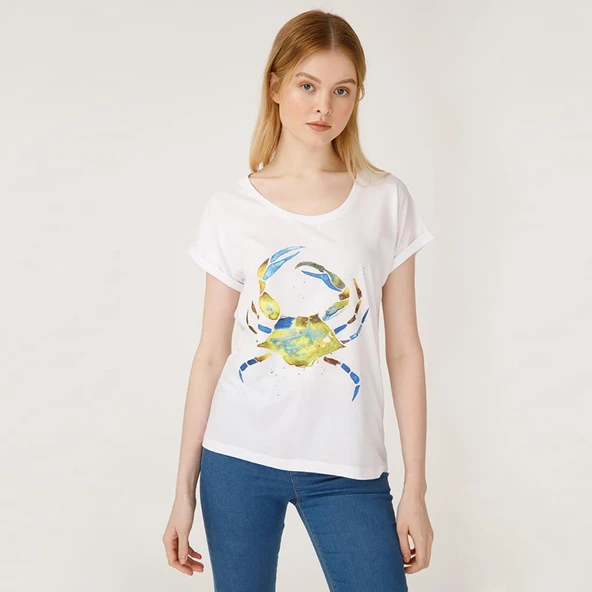 Anemoss Yeşil Yengeç Beyaz Kadın T-Shirt - 6