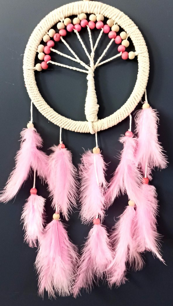 Pembe Kuş Tüylü Hayat Ağacı Dream Catcher Duvar Süsü - 1