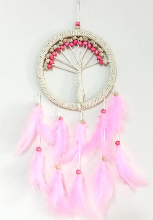 Pembe Kuş Tüylü Hayat Ağacı Dream Catcher Duvar Süsü - 2