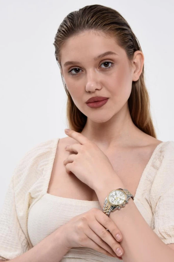 Roma Rakam Kasa Detaylı Altın Gümüş Kadın Kol Saati - Resim 5