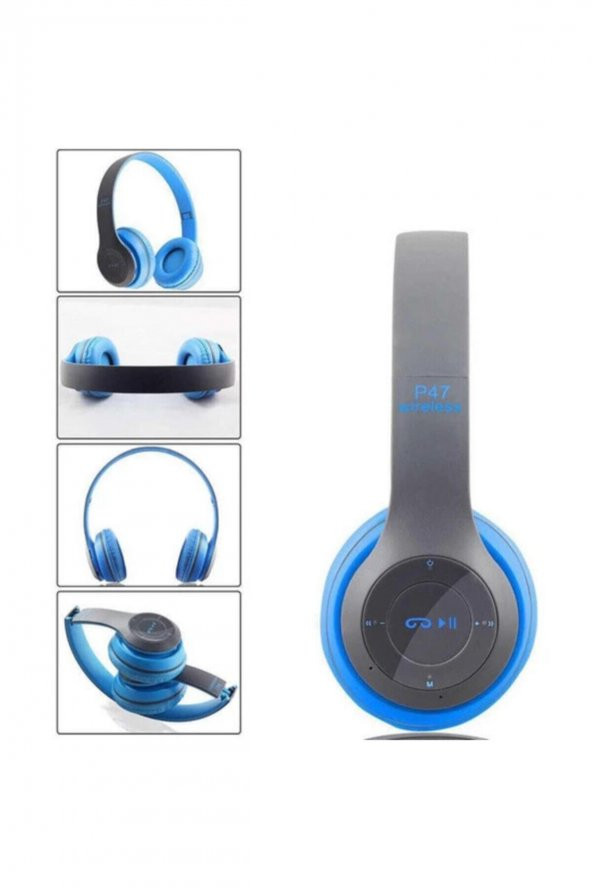 P47 J47-51 Mavi Kulak Üstü Kablosuz Bluetooth Kulaklık Aux Ve Hafıza Kartı Girişli Mavi Kulaklık - 3