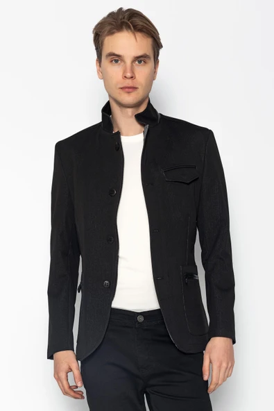 CEKMON Erkek Dik Yaka Fermuarlı Düğmeli Cepli Düz Renk Astarlı Blazer Klasik Ceket - 2