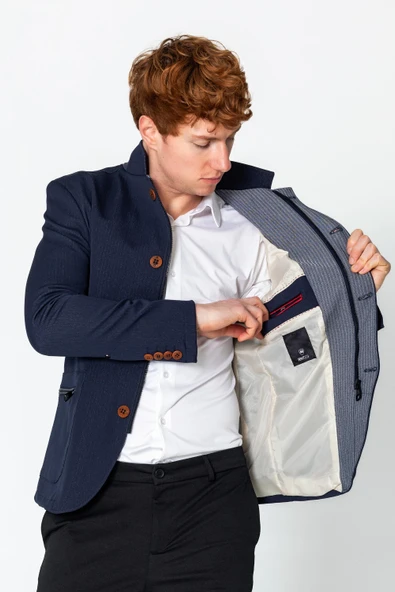 CEKMON Erkek Dik Yaka Fermuarlı Düğmeli Cepli Düz Renk Astarlı Blazer Klasik Ceket - 11