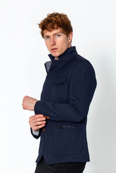 CEKMON Erkek Dik Yaka Fermuarlı Düğmeli Cepli Düz Renk Astarlı Blazer Klasik Ceket - 6