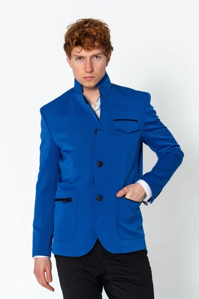 CEKMON Erkek Dik Yaka Fermuarlı Düğmeli Cepli Düz Renk Astarlı Blazer Klasik Ceket - 12