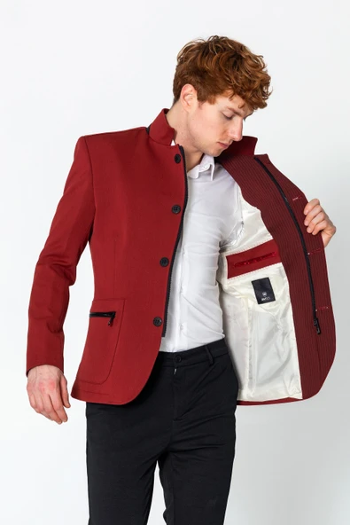 CEKMON Erkek Dik Yaka Fermuarlı Düğmeli Cepli Düz Renk Astarlı Blazer Klasik Ceket