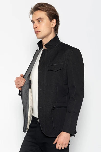 CEKMON Erkek Dik Yaka Fermuarlı Düğmeli Cepli Düz Renk Astarlı Blazer Klasik Ceket - 4