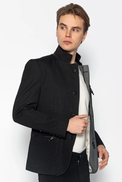 CEKMON Erkek Dik Yaka Fermuarlı Düğmeli Cepli Düz Renk Astarlı Blazer Klasik Ceket - 3