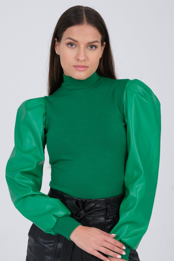 23116-Kadın Kolları Deri Düz Basic Triko Bluz - Yeşil