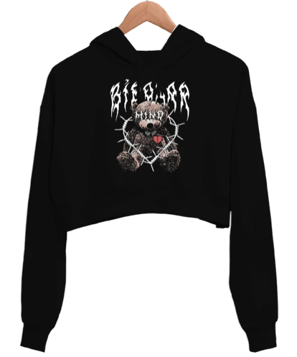 Bipolar Mind Bear Tasarım Baskılı Kadın Crop Hoodie Kapüşonlu Sweatshirt