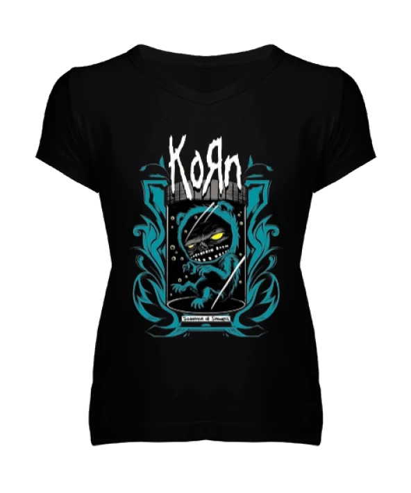 Korn Rock Tasarım Baskılı Kadın V Yaka Tişört