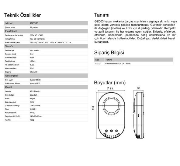 EDS GZD03 Dogalgaz ve LPG Gaz Dedektörü (220V) Röleli - 4