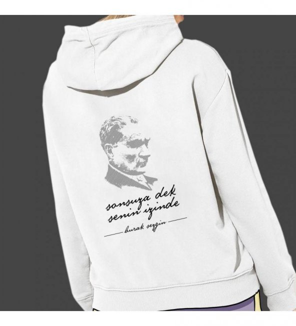 Kişiye Özel Atatürk Baskılı Kapşonlu Beyaz Unisex Sweatshirt HK2292 - 2