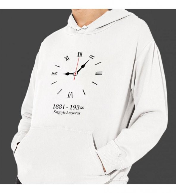 Atatürk 10 Kasım Özel Baskılı Kapşonlu Beyaz Unisex Sweatshirt HK2291