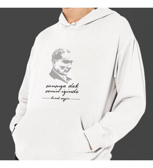 Kişiye Özel Atatürk Baskılı Kapşonlu Beyaz Unisex Sweatshirt HK2292