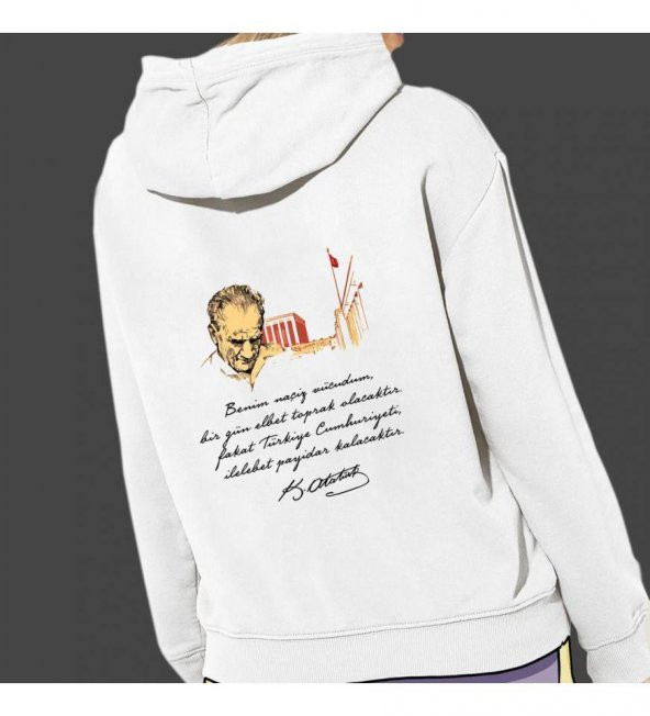 Atatürk Baskılı Kapşonlu Beyaz Unisex Sweatshirt HK2290 - 2
