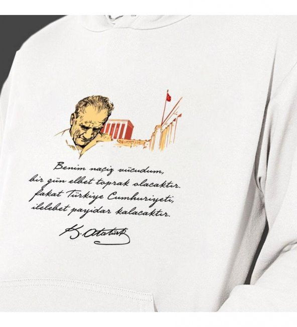 Atatürk Baskılı Kapşonlu Beyaz Unisex Sweatshirt HK2290 - 3