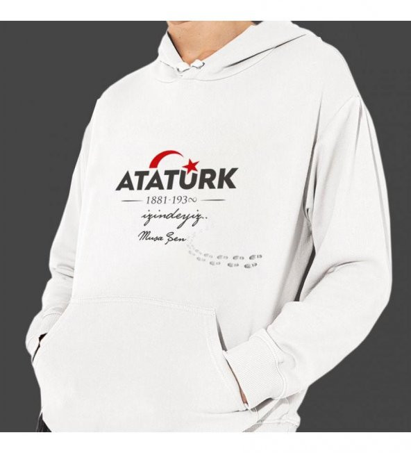 Kişiye Özel Atatürk ve Bayrak Baskılı Kapşonlu Beyaz Unisex Sweatshirt HK2293