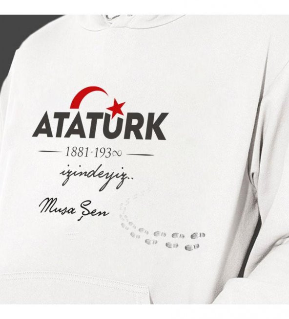 Kişiye Özel Atatürk ve Bayrak Baskılı Kapşonlu Beyaz Unisex Sweatshirt HK2293 - 2