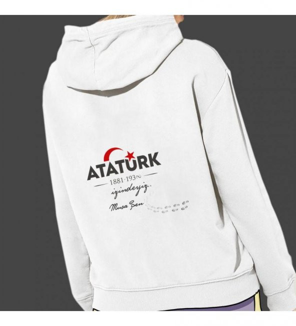 Kişiye Özel Atatürk ve Bayrak Baskılı Kapşonlu Beyaz Unisex Sweatshirt HK2293 - 3