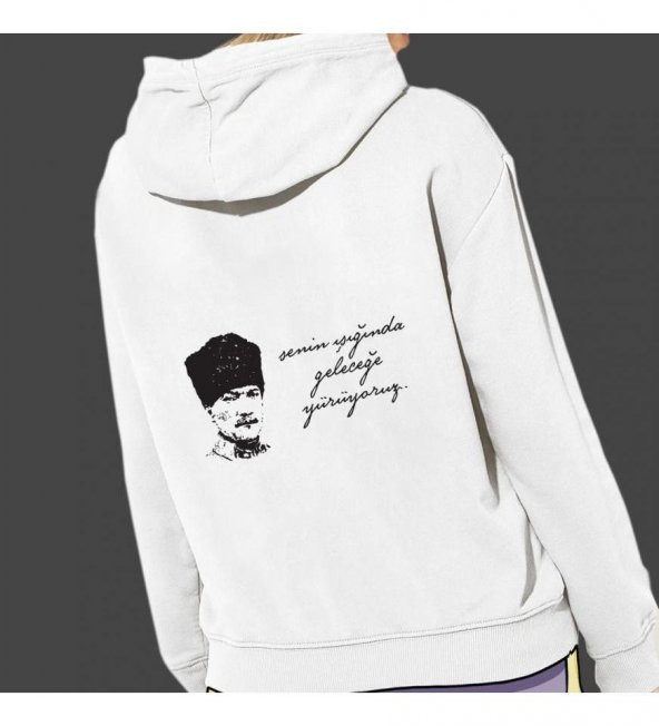 Atatürk Baskılı Kapşonlu Beyaz Unisex Sweatshirt HK2299 - 2