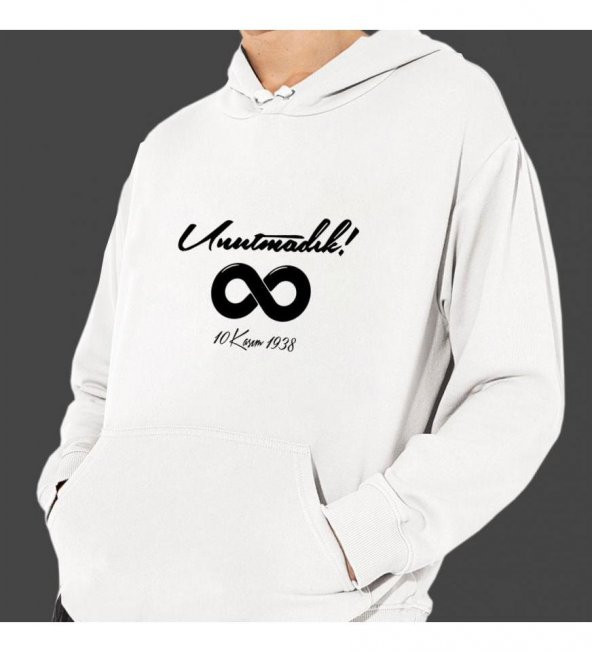 10 Kasım Özel Baskılı Kapşonlu Beyaz Unisex Sweatshirt HK2298