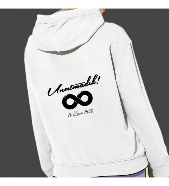 10 Kasım Özel Baskılı Kapşonlu Beyaz Unisex Sweatshirt HK2298 - 2