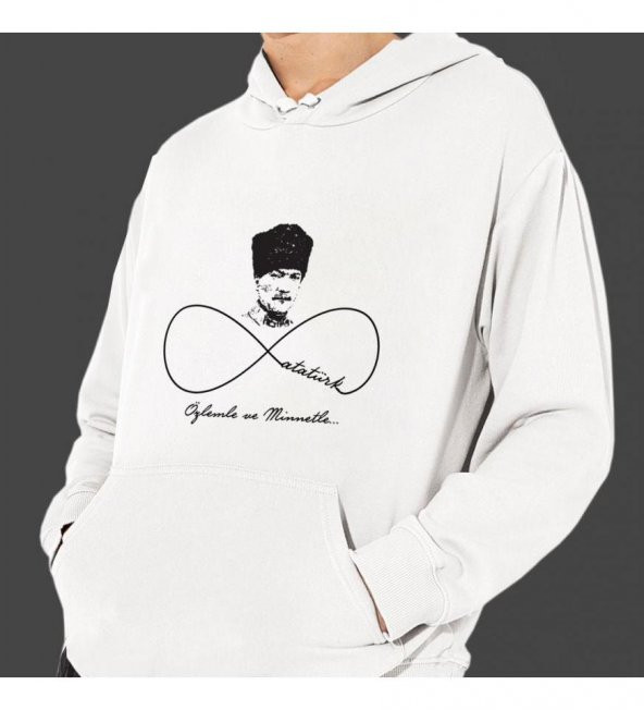 Atatürk Sonsuza Dek Baskılı Kapşonlu Beyaz Unisex Sweatshirt HK2297