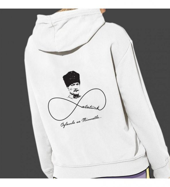 Atatürk Sonsuza Dek Baskılı Kapşonlu Beyaz Unisex Sweatshirt HK2297 - 2
