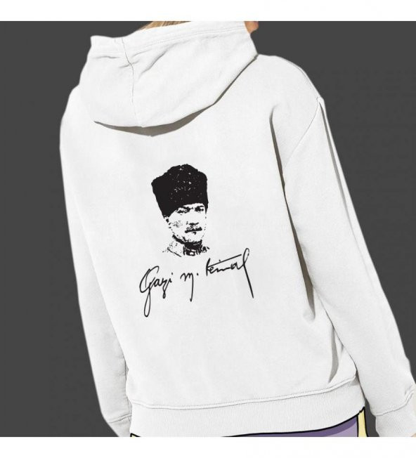 Atatürk Baskılı Kapşonlu Beyaz Unisex Sweatshirt HK2296 - 3