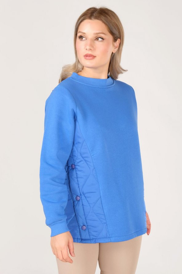 Kadın Yanları Kapitone Detaylı Sweatshirt Saks Mavi