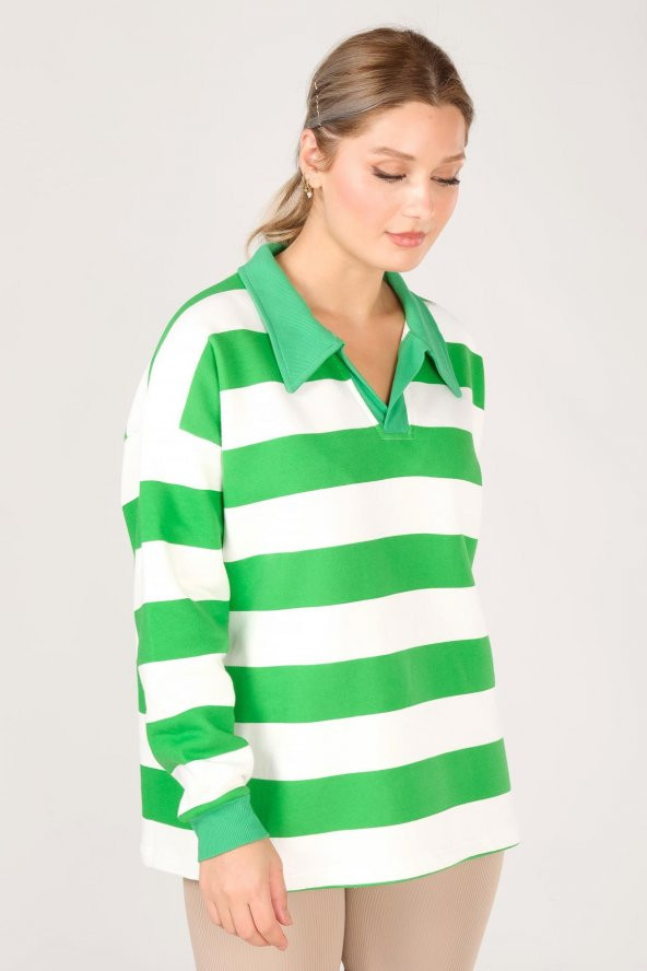 Kadın Polo Yaka Çizgili Sweatshirt Yeşil