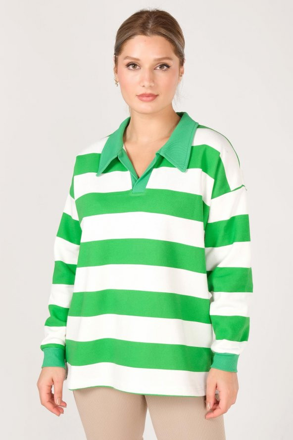 Kadın Polo Yaka Çizgili Sweatshirt Yeşil - 3