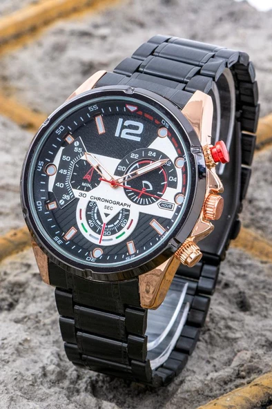 Yeni Sezon Erkek Saati Siyah Çelik Kordon Tasarım Kadran Analog Chronograph ST-304207