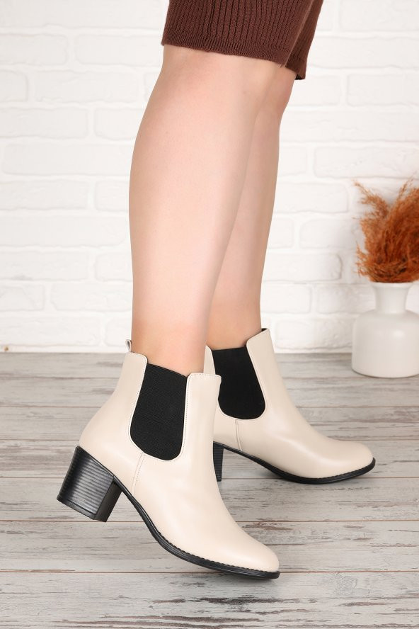 Ayakland Cilt 6 Cm Topuklu Kadın Bot Ayakkabı 8422-835 Krem