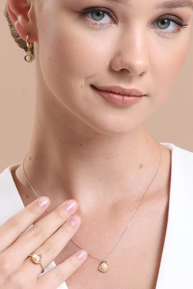 14 Ayar Altın 4 mm İstiridye Doğal İnci Küpe Kolye Yüzük Üçlü Set