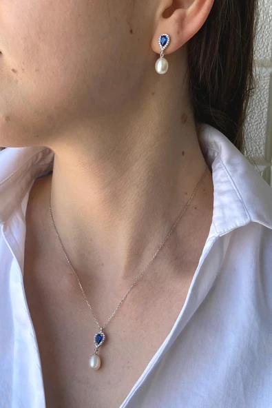 14 Ayar Altın 8 mm Damla Safir Doğal İnci Sallantı Küpe Kolye İkili Set