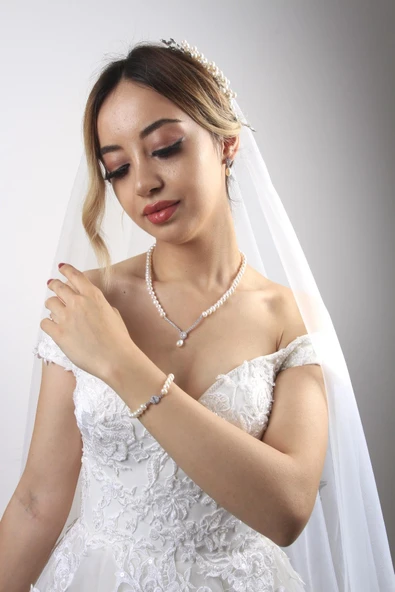 14 Ayar Altın 9 mm Baget Doğal İnci Küpe Kolye Bileklik Üçlü Set