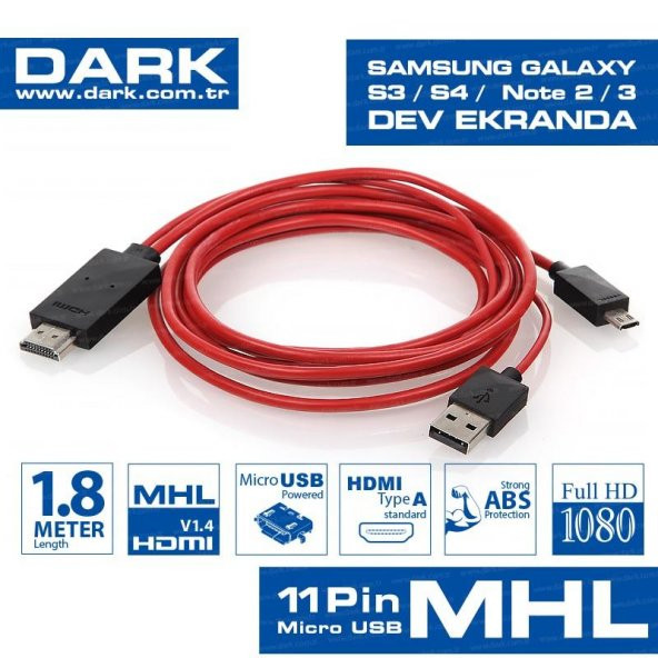 Dark DK-HD-AMHLSM180 1.8M Samsung 11 Pin MHL to HDMI ErkekErkek Görüntü Aktarım Kablosu