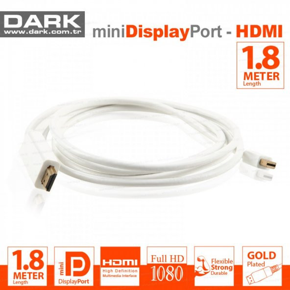 Dark DK-CB-MDPXHDMIL180 1.8 Mt mini DISPLAY PORT to HDMI 1080 Altın Uçlu Dönüştürücü Kablo