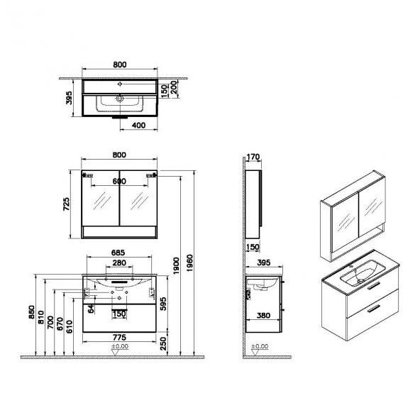 Vitra Mia 80 cm Beyaz Banyo Dolabı Takımı 66050 - 3