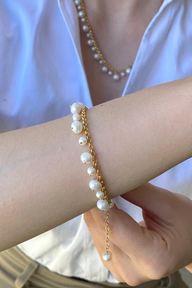 14 Ayar Altın 5 mm Doğal İnci Sallantılı Kolye Bileklik İkili Set