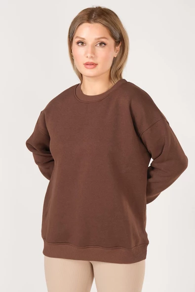 Kadın Sıfır Yaka Oversize Sweatshirt Kahverengi - 2